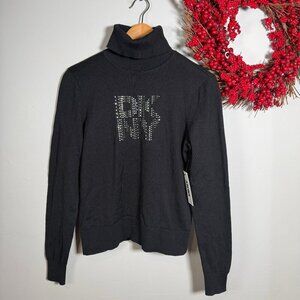 DKNY Y2K Rhinestone McBling Office Siren Logo Turtleneck Sweater SMALL Black